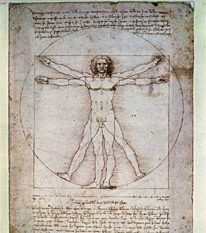 L'Homme vitruvien, d'après un codex de Léonard de Vinci. Ses proportions parfaites s'inscrivent dans un cercle
