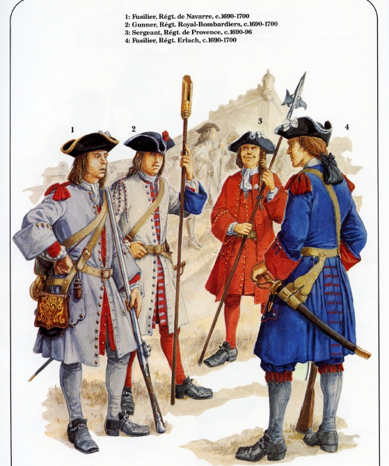 Soldats français de la fin du XVIIème siècle. Planche extraite de René Chartrand, Louis XIV's Army, Osprey, Men-at-Arms. D.R.