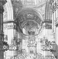 D.R. Gravure du XVIIème montrant le chœur et les tribunes